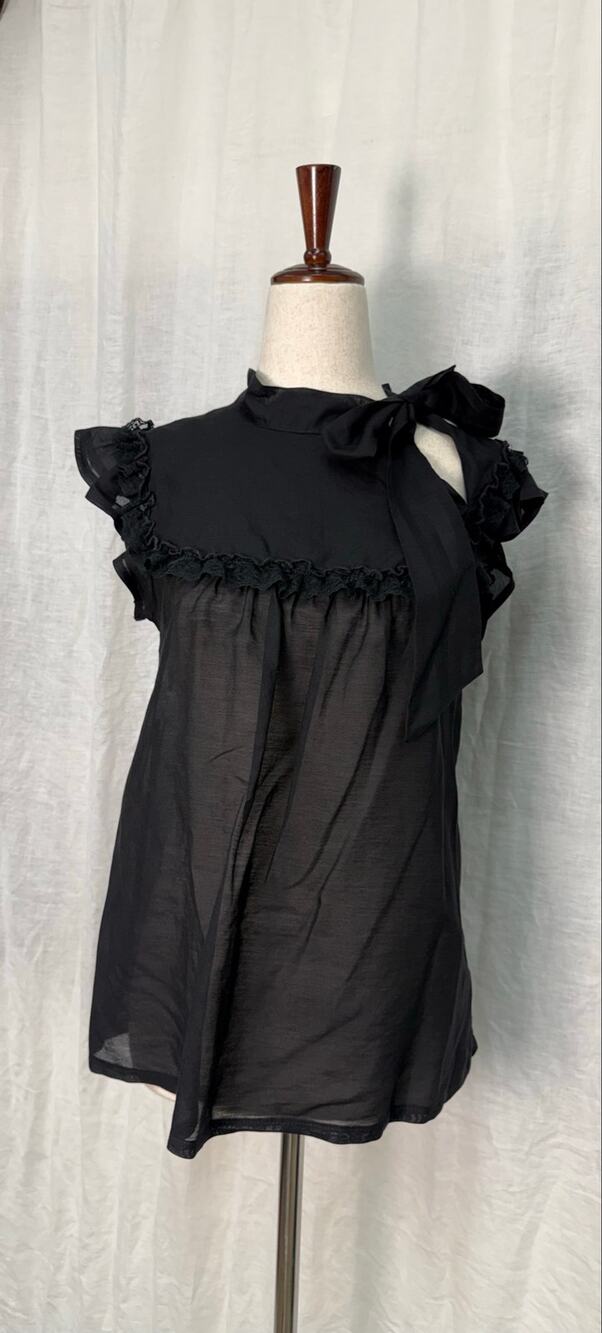 Kitten D'Amour Black Sheer High Neck Blouse Lace Trim Ruffle Bow Tie Georgette
8